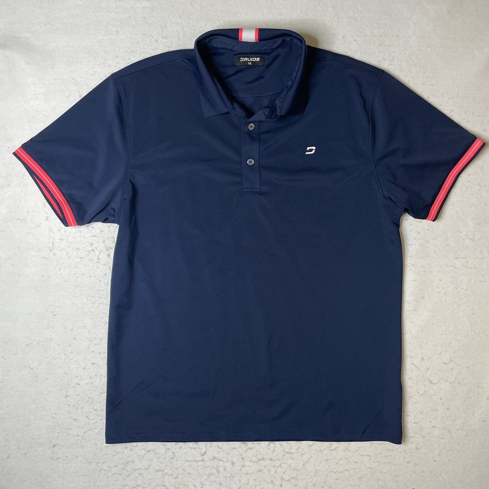 DRUIDS Mens XXL Navy Blue Performance‎ Golf Polo Shirt Red Stripe Trim